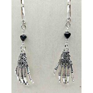 Skeleton Hand Dangle Drop Earrings Hematite Heart Gothic Halloween Handmade